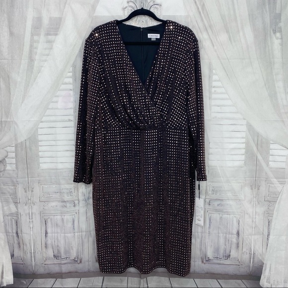 Calvin Klein Plus Metallic Dot Surplice Copper Gold Long Sleeve Sheath Dress - Picture 7 of 11